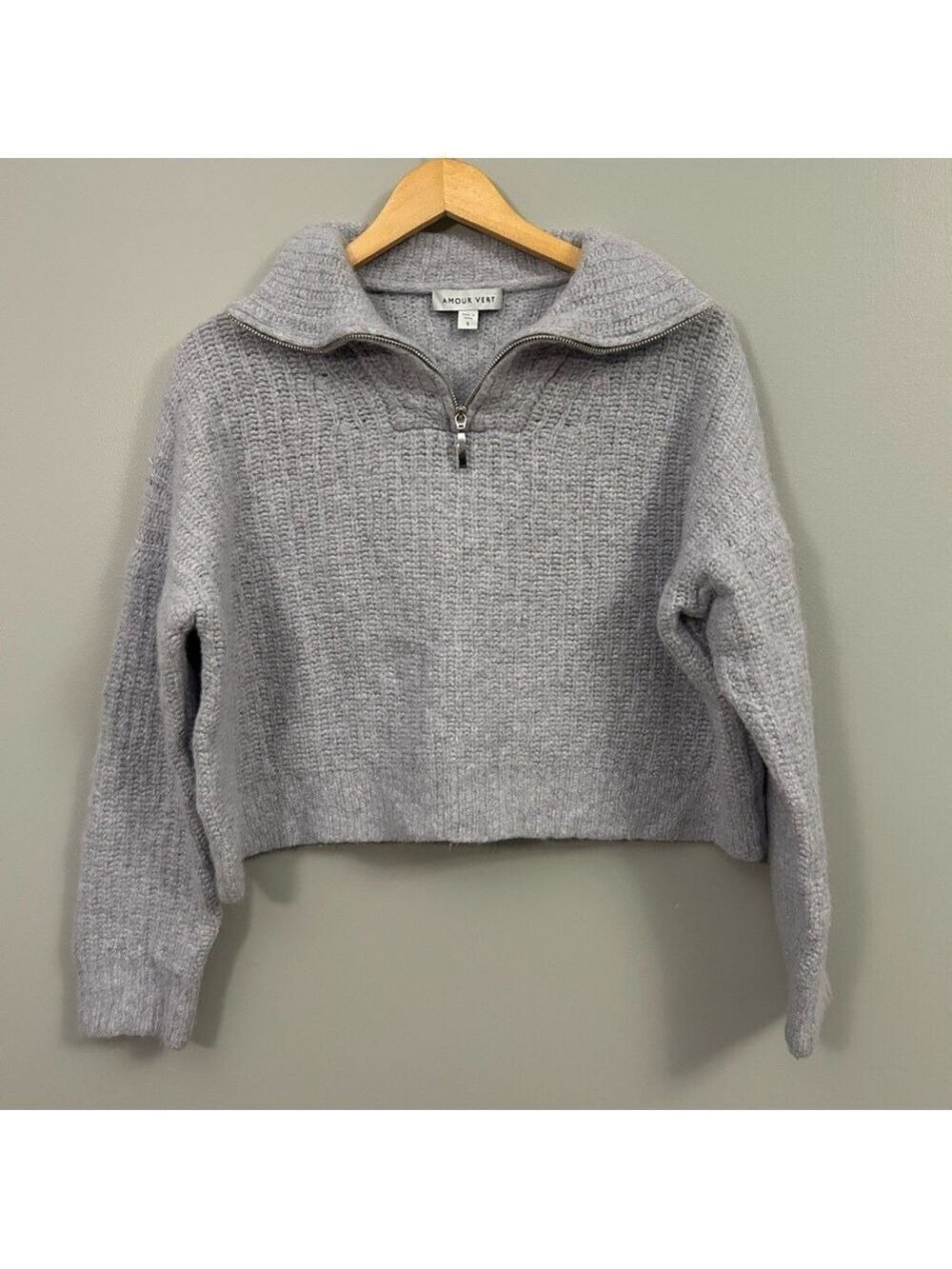 Amour Vert Light Gray Cowl Neck Sweater Wool Alpaca Knit Quarter Zip